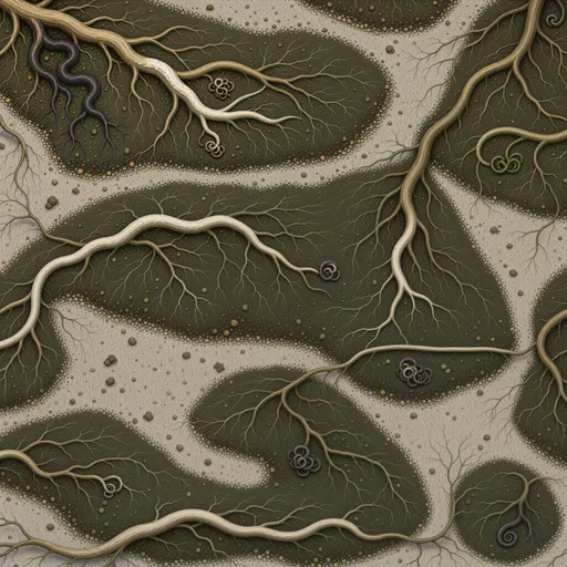 fine root-covered soil - hand-painted game texture with readable brush shapes