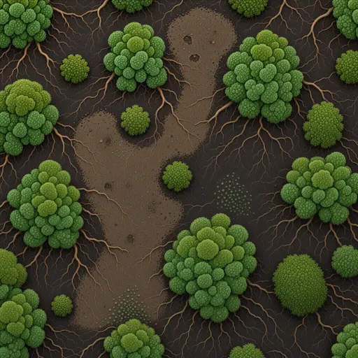 fine root-covered soil - simplified stylized game art with clear material shapes