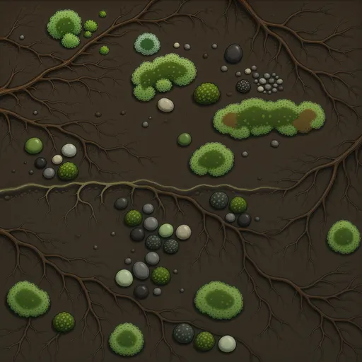 fine root-covered soil - hand-painted game texture with readable brush shapes