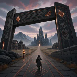 settlement entrance at overcast twilight