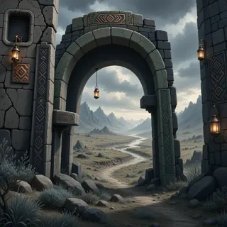settlement entrance at stormy midday