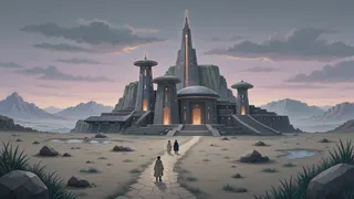 distant stronghold at overcast twilight