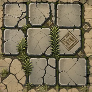 overgrown worn paving