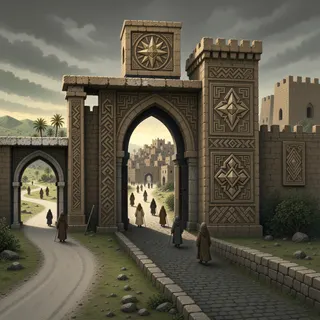 settlement entrance at overcast twilight