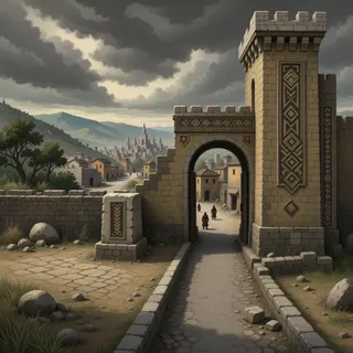 settlement entrance at stormy midday