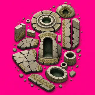 broken fragments, elongated arrangement