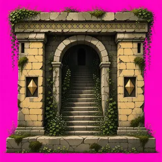 stairs downward, overgrown
