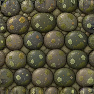 lichen-speckled river pebbles