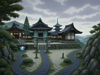 hidden shrine at overcast twilight