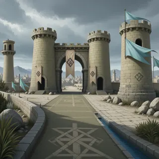 settlement entrance at stormy midday