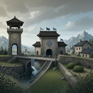 settlement entrance at overcast twilight