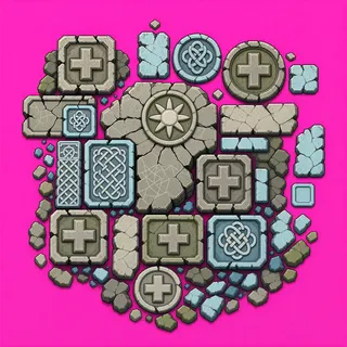 broken fragments, clustered arrangement