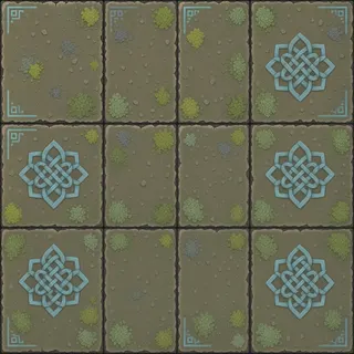 lichen-speckled dusty tiled floor