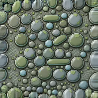 lichen-speckled river pebbles