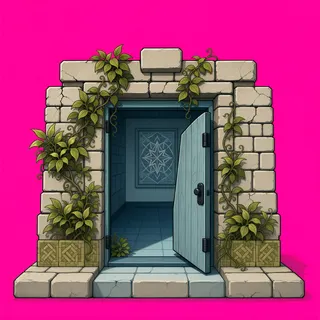 door open, overgrown