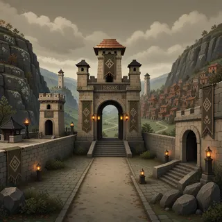 settlement entrance at overcast twilight