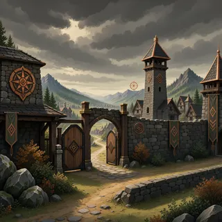 settlement entrance at stormy midday
