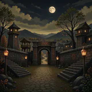 settlement entrance at moonlit night