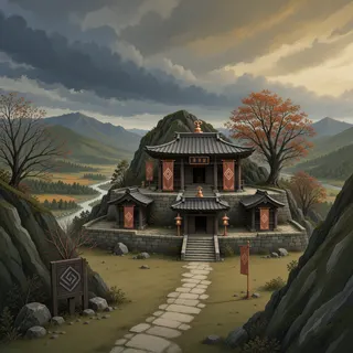 hidden shrine at stormy midday