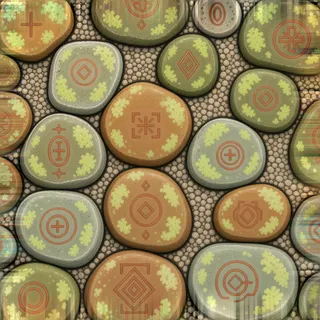 lichen-speckled river pebbles