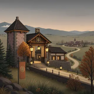 settlement entrance at overcast twilight