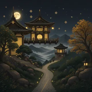 ancient landmark at moonlit night