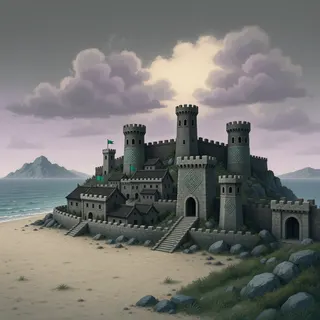 distant stronghold at overcast twilight