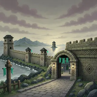 settlement entrance at overcast twilight