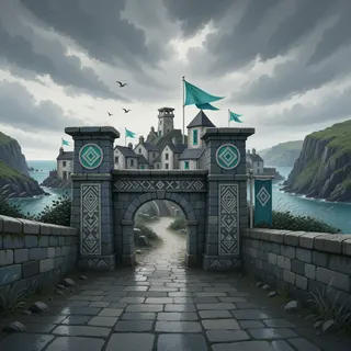 settlement entrance at stormy midday