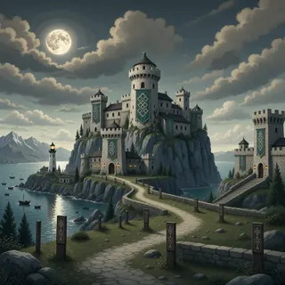 distant stronghold at moonlit night