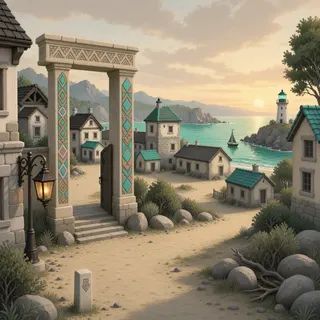 settlement entrance at daybreak