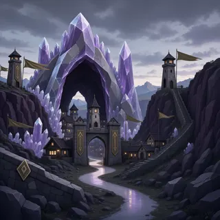 settlement entrance at overcast twilight
