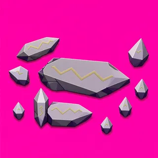 broken fragments, elongated arrangement