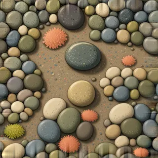 lichen-speckled river pebbles