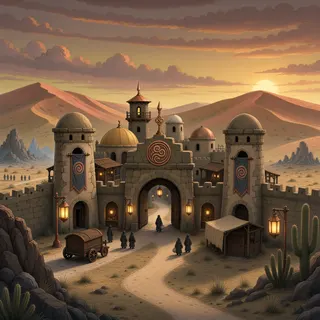 settlement entrance at dusk