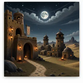 settlement entrance at moonlit night