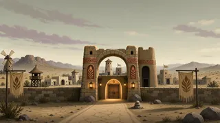 settlement entrance at overcast twilight