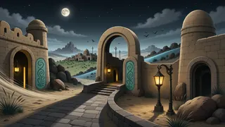 settlement entrance at moonlit night
