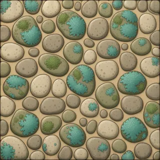 lichen-speckled worn cobbles