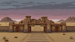 settlement entrance at overcast twilight