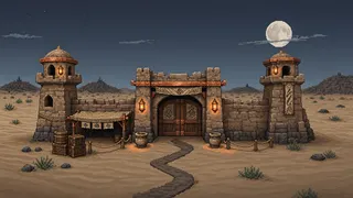 settlement entrance at moonlit night