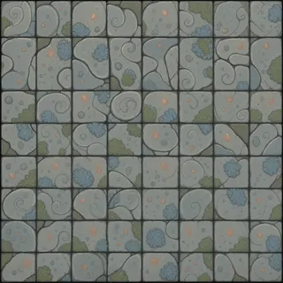 lichen-speckled dusty tiled floor
