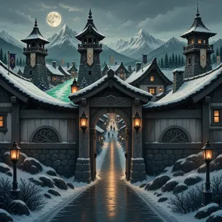 settlement entrance at moonlit night