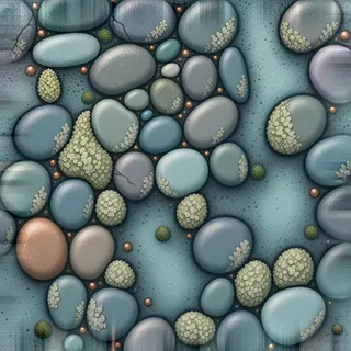 lichen-speckled river pebbles