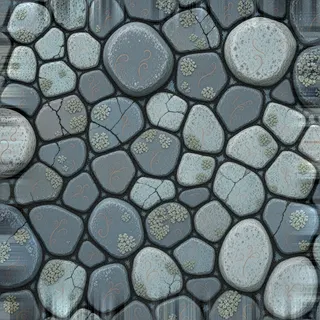 lichen-speckled worn cobbles