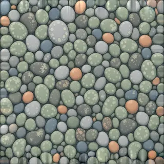 lichen-speckled river pebbles