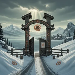 settlement entrance at stormy midday