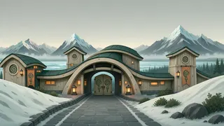 settlement entrance at overcast twilight