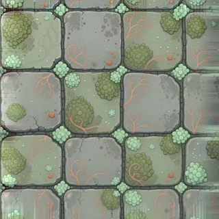 lichen-speckled dusty tiled floor
