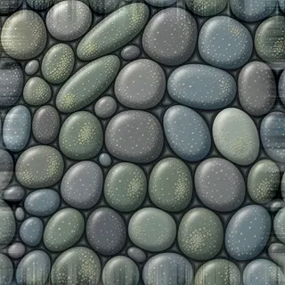 lichen-speckled river pebbles